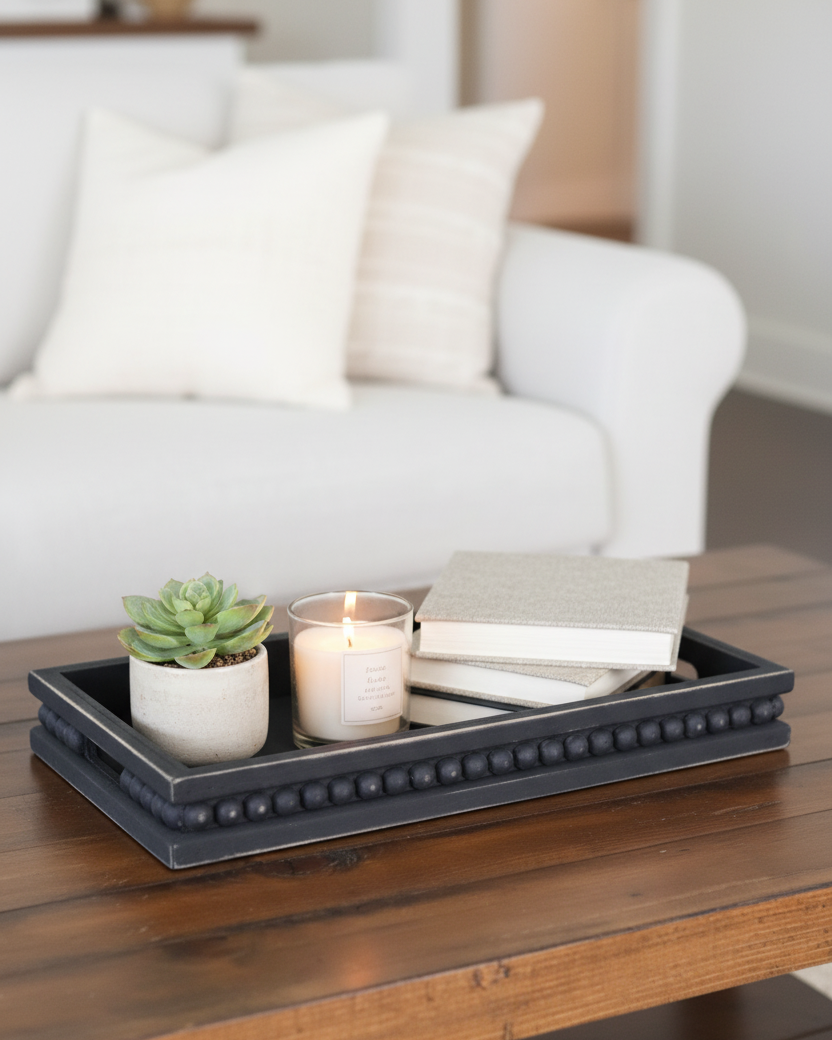 Rectangular Beaded Black Wood Tray