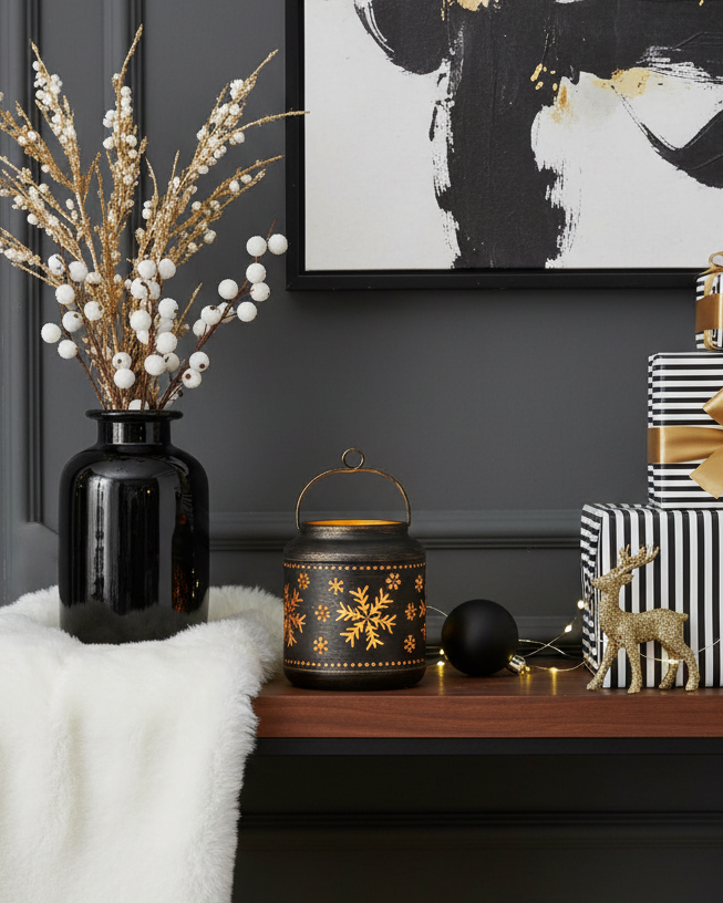 Light Up Metal Winter Lantern Black