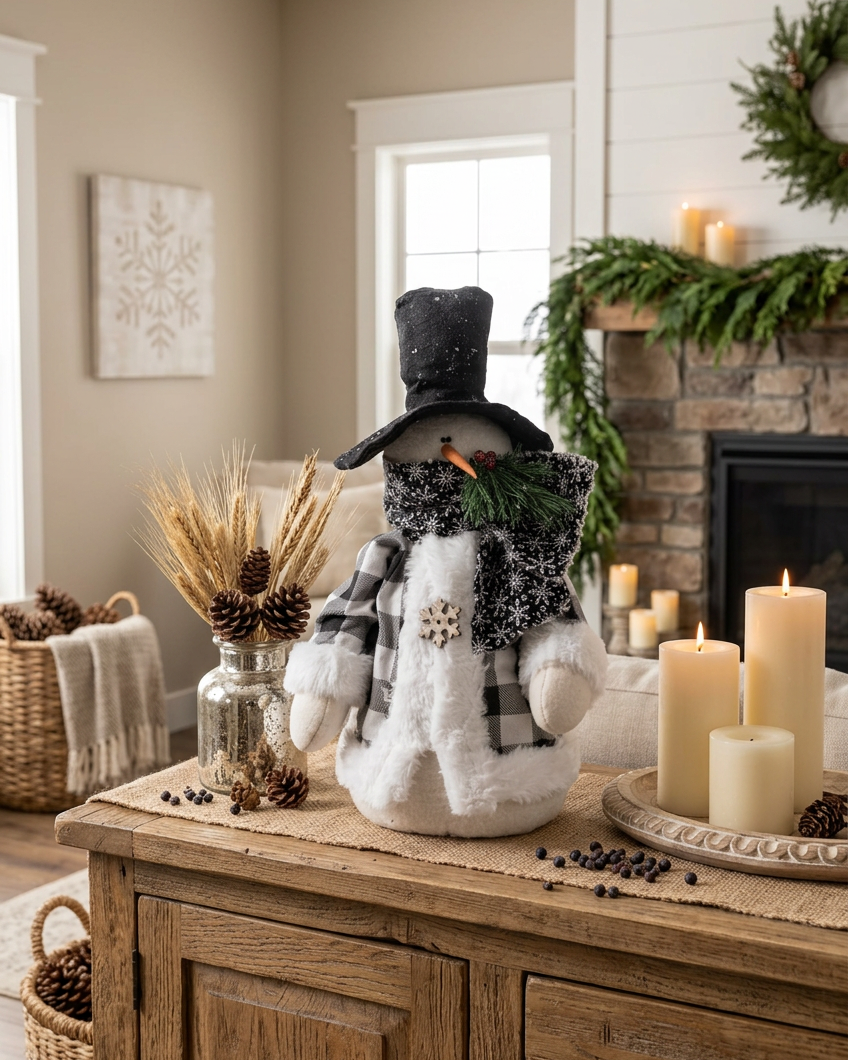 Black and White Fur Trim Jacket Snowman 16.5"