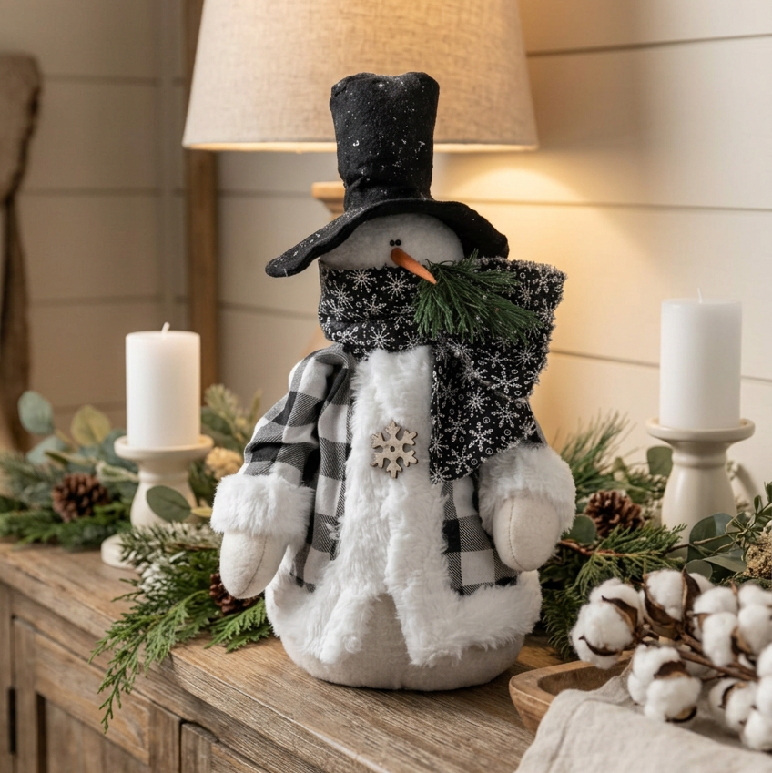 Black and White Fur Trim Jacket Snowman 16.5"