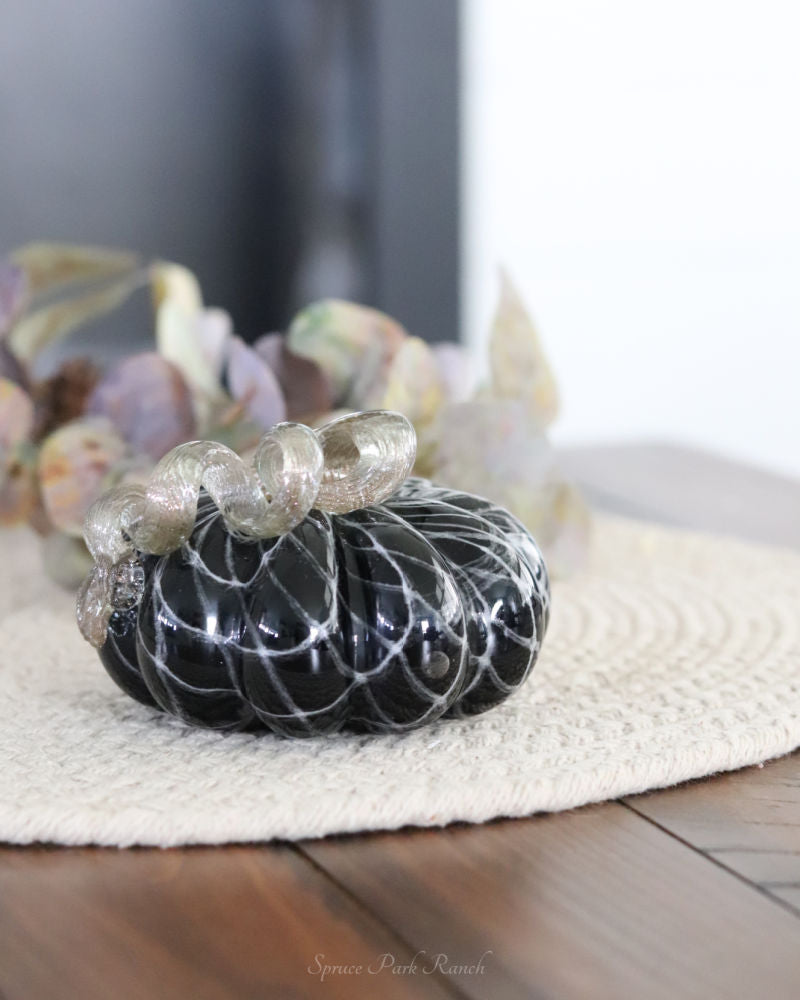 Mini Black and White Swirls Handblown Glass Pumpkin