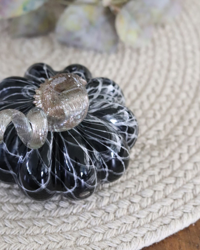 Mini Black and White Swirls Handblown Glass Pumpkin