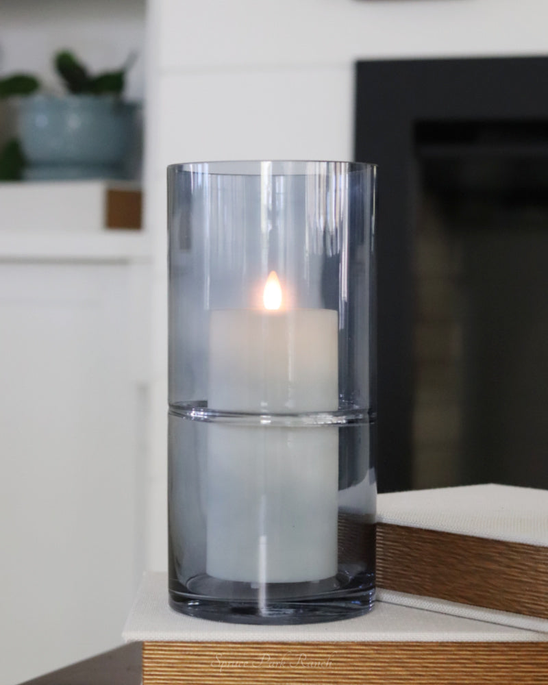 Blue Glass Cylinder Vase with Inlayed Stripes