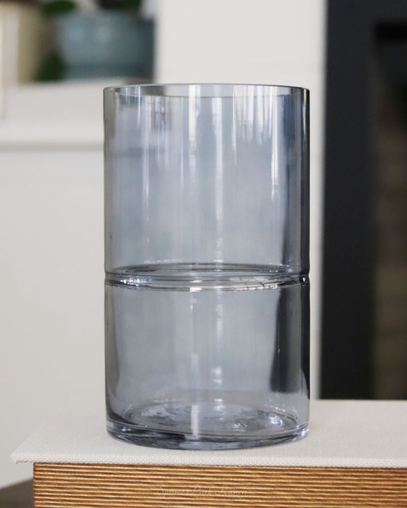 Blue Glass Cylinder Vase with Inlayed Stripes