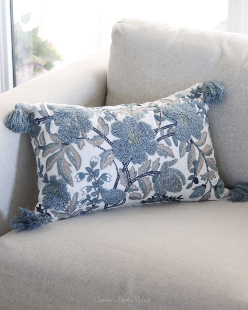 Blue Embroidered Floral Lumbar Pillow