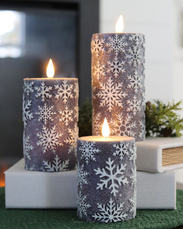 Blue Snowflake LED Pillar Glitter Candle