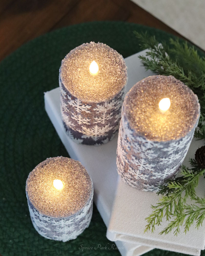 Blue Snowflake LED Pillar Glitter Candle