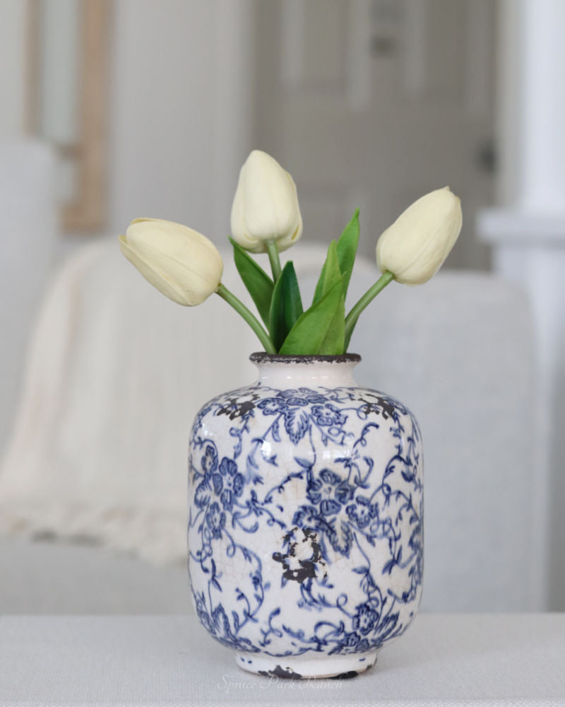 Blue and White Floral Ceramic Bud Vase
