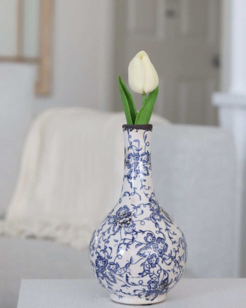 Blue and White Floral Ceramic Bud Vase