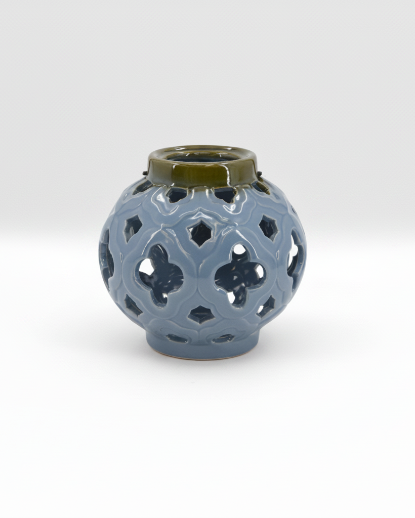 Ceramic Blue Quatrefoil Cutout Lantern