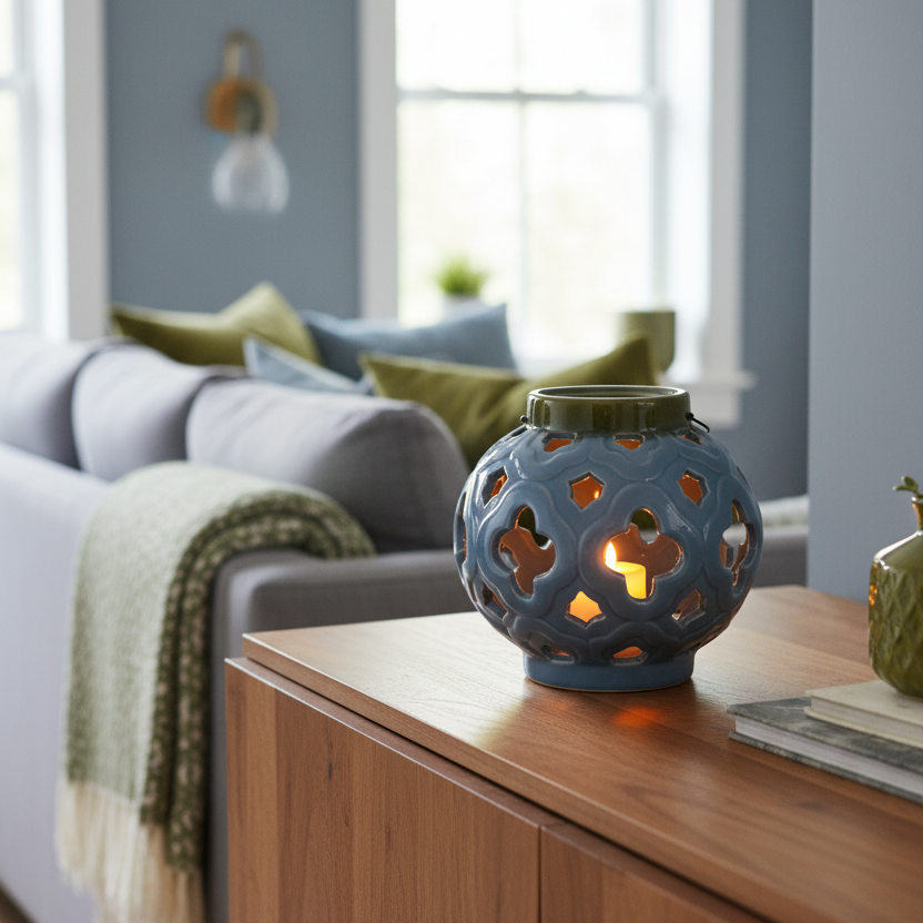 Ceramic Blue Quatrefoil Cutout Lantern