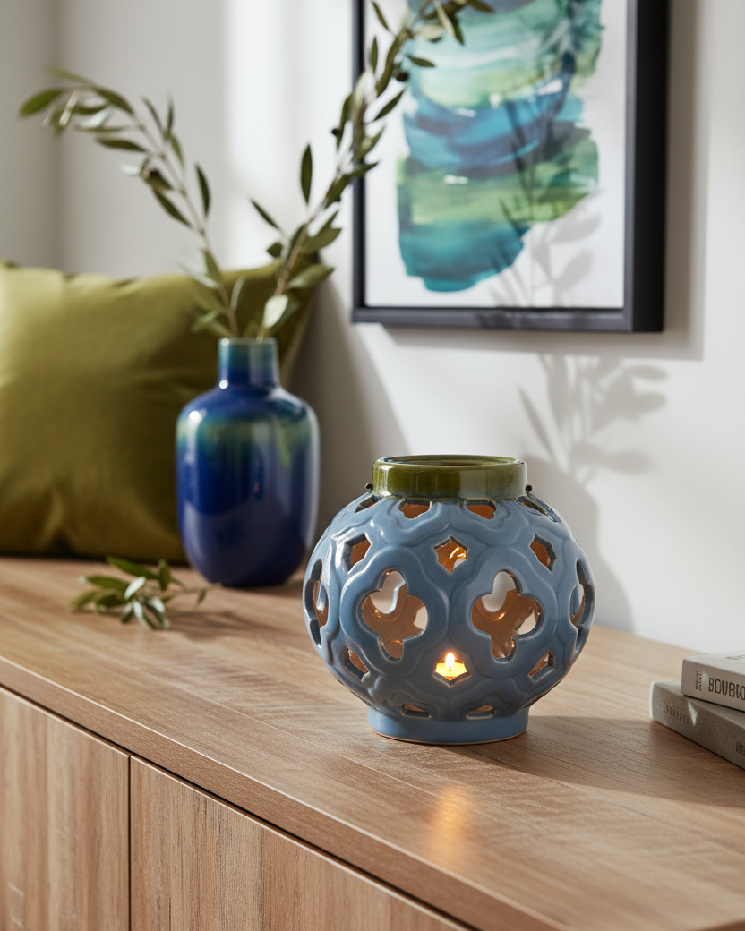 Ceramic Blue Quatrefoil Cutout Lantern
