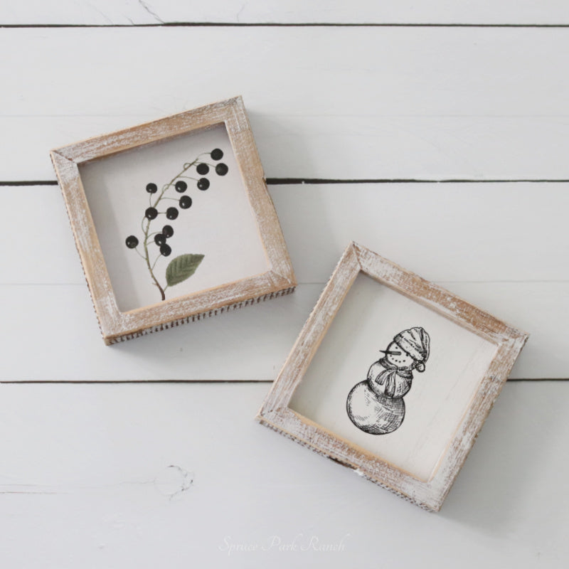 Reversible Snowman and Blueberry Branch Wood Sign