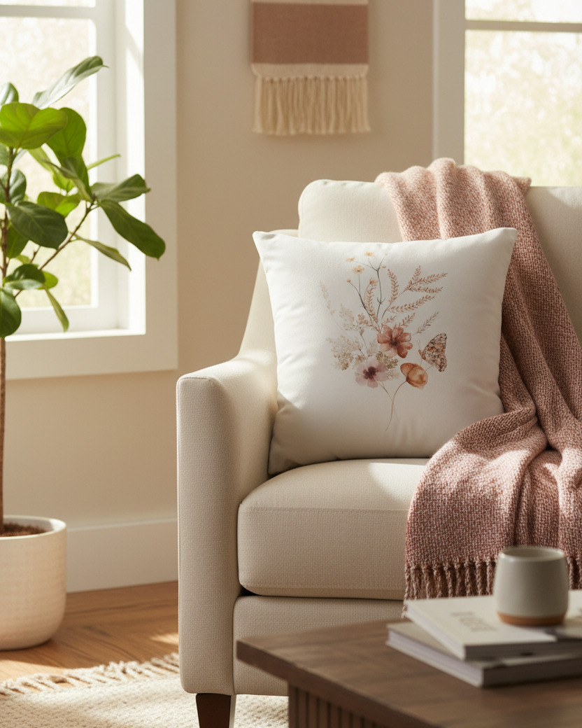 Botanical Suede Oatmeal Pillow With Closed Wing Butterfly