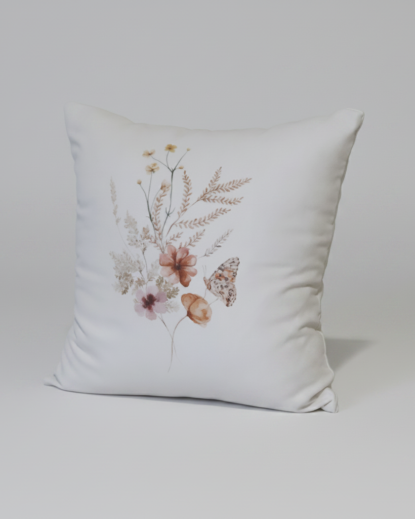 Botanical Suede Oatmeal Pillow With Closed Wing Butterfly