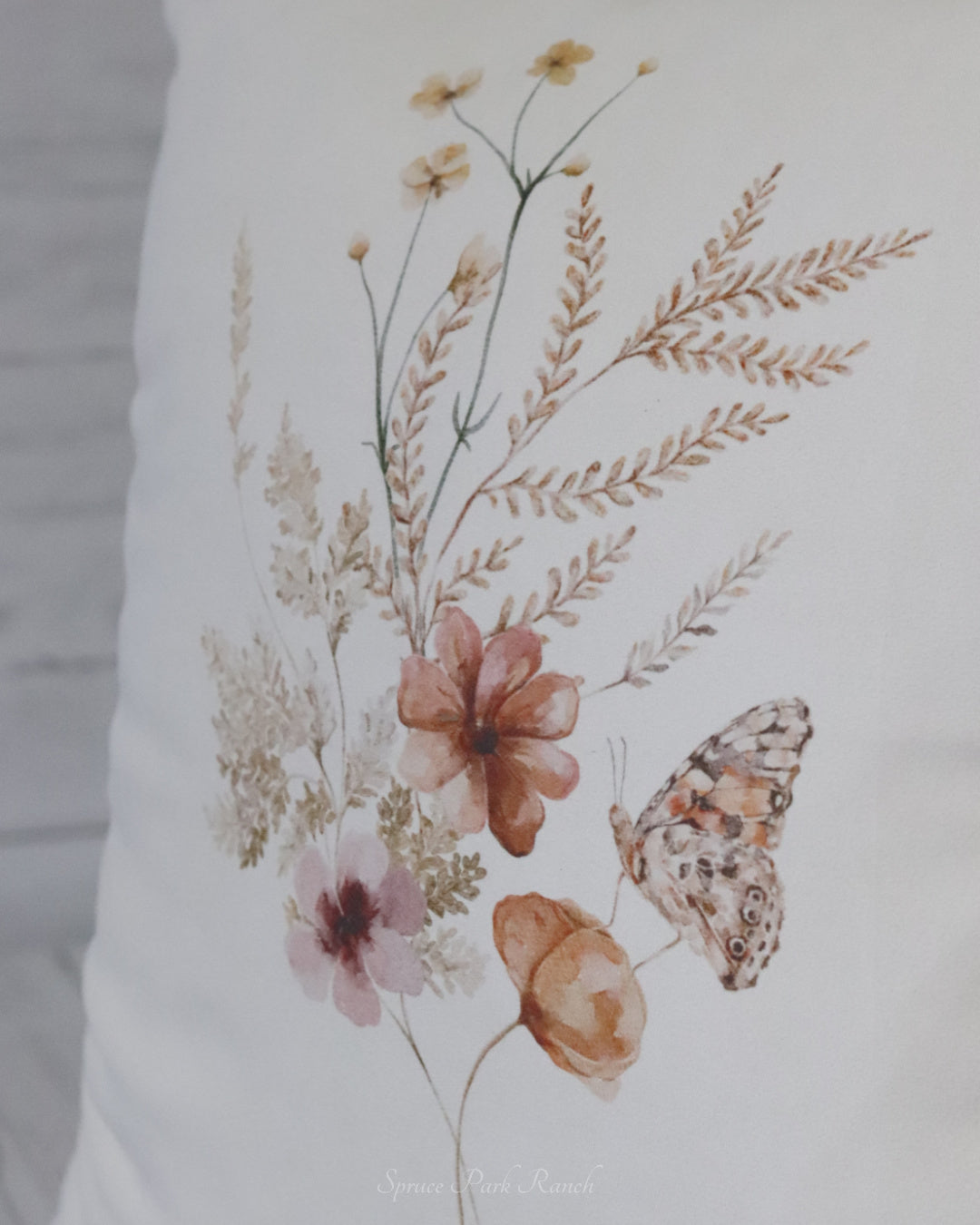 Botanical Suede Oatmeal Pillow With Closed Wing Butterfly