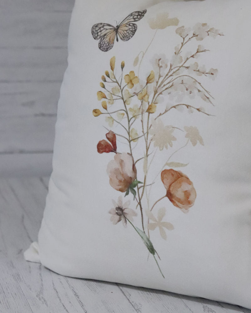 Botanical Suede Oatmeal Pillow With Open Wing Butterfly