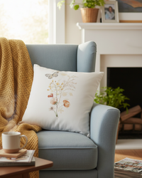 Botanical Suede Oatmeal Pillow With Open Wing Butterfly