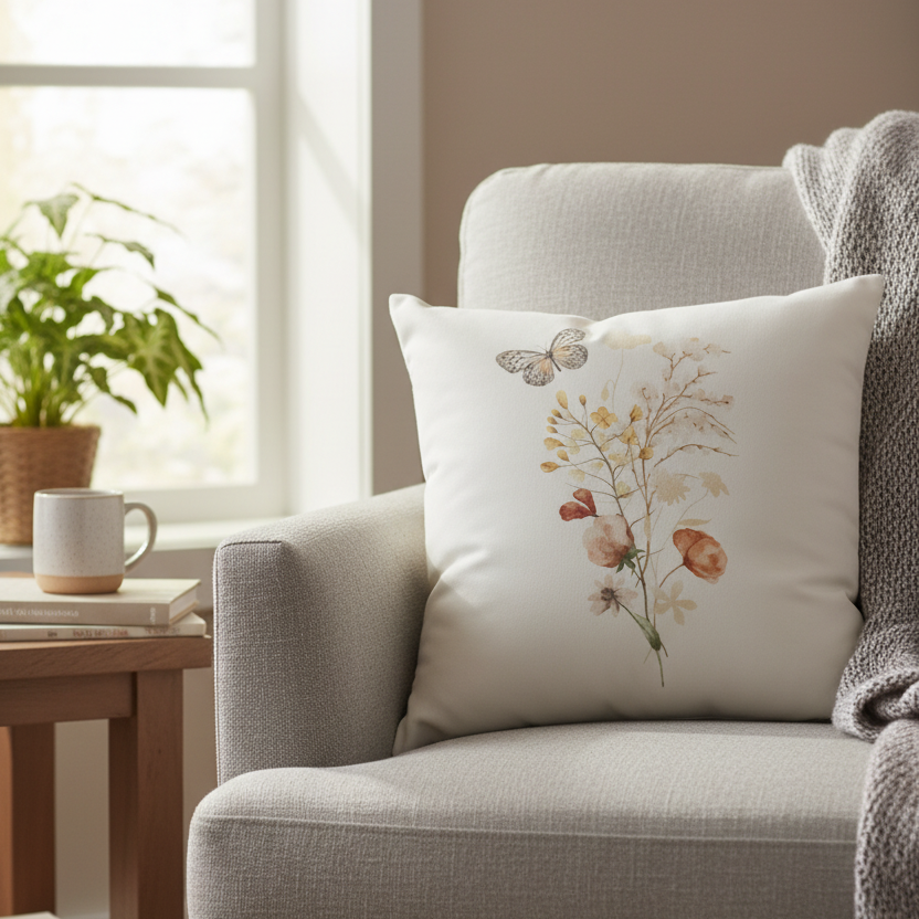 Botanical Suede Oatmeal Pillow With Open Wing Butterfly