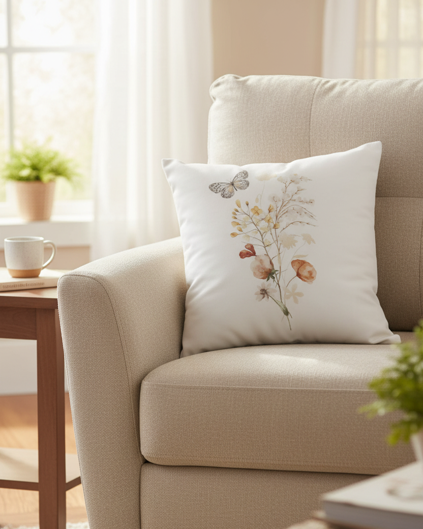 Botanical Suede Oatmeal Pillow With Open Wing Butterfly