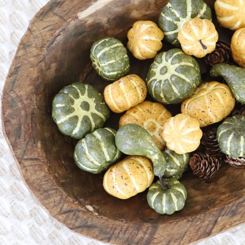 Box of Assorted Mini Green and Yellow Gourds and Pumpkins