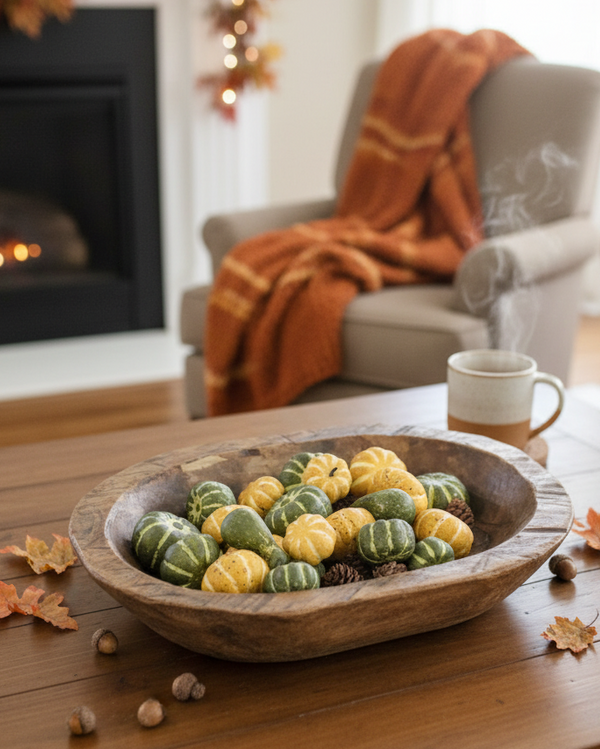 Box of Assorted Mini Green and Yellow Gourds and Pumpkins