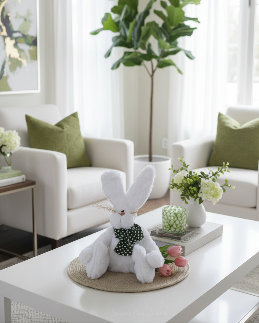 Fuzzy Bunny with Polka Dot Green Scarf