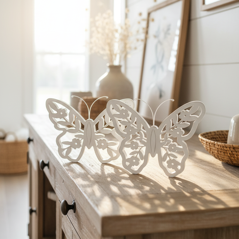 White Distressed Cutout Butterfly Block