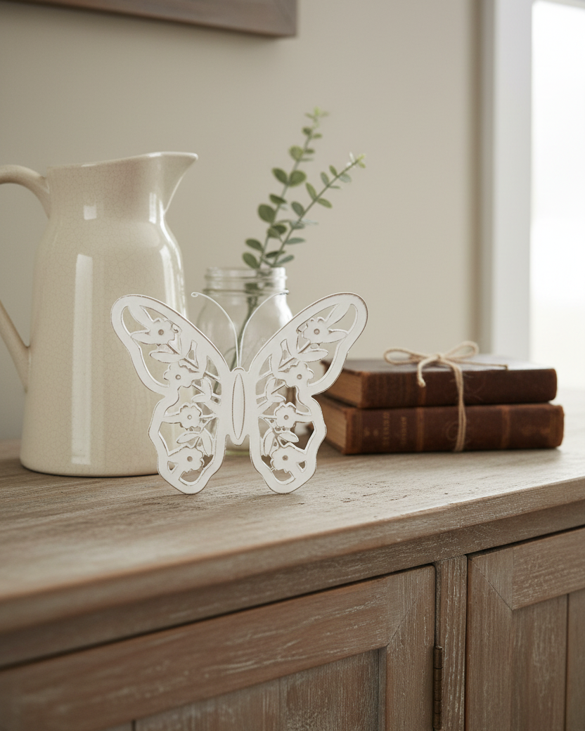 White Distressed Cutout Butterfly Block