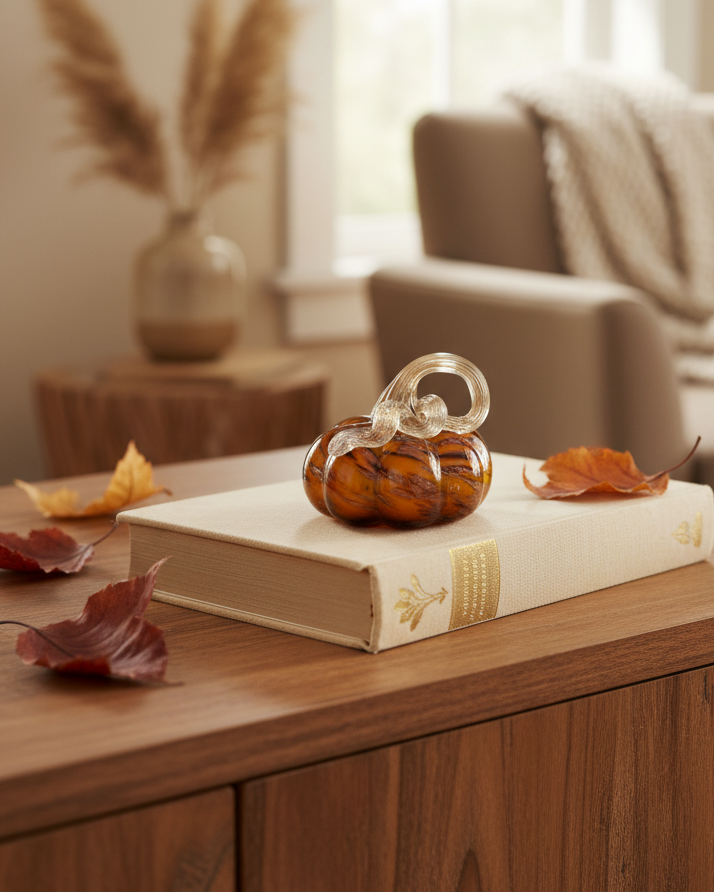 Caramel Swirl Handblown Glass Pumpkin Round