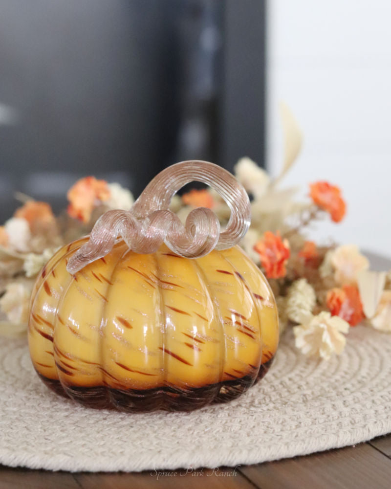 Caramel Swirl Handblown Glass Pumpkin Round