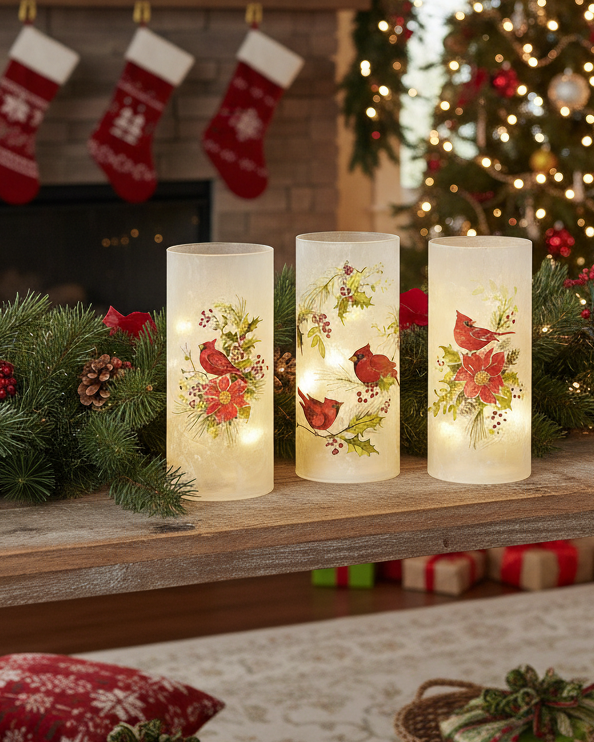 Frosted Glass Cardinal Lighted Cylinder