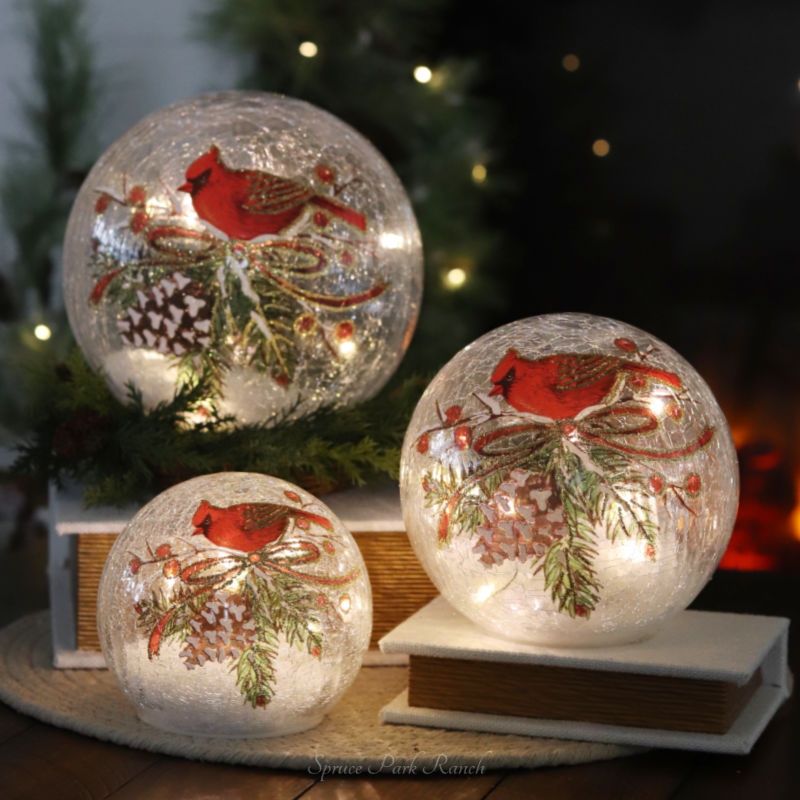 Cardinal and Pinecone Tabletop Crackle Glass LED Globe