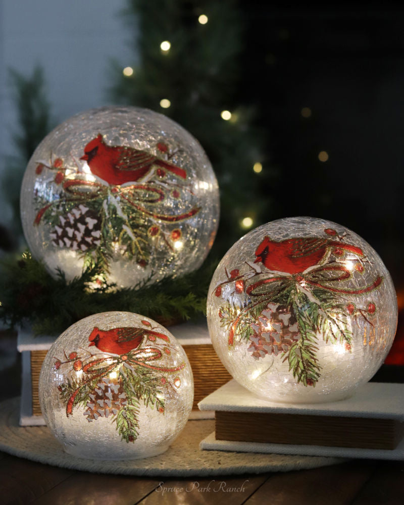 Cardinal and Pinecone Tabletop Crackle Glass LED Globe