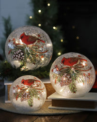 Cardinal and Pinecone Tabletop Crackle Glass LED Globe