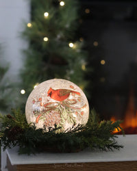 Cardinal and Pinecone Tabletop Crackle Glass LED Globe