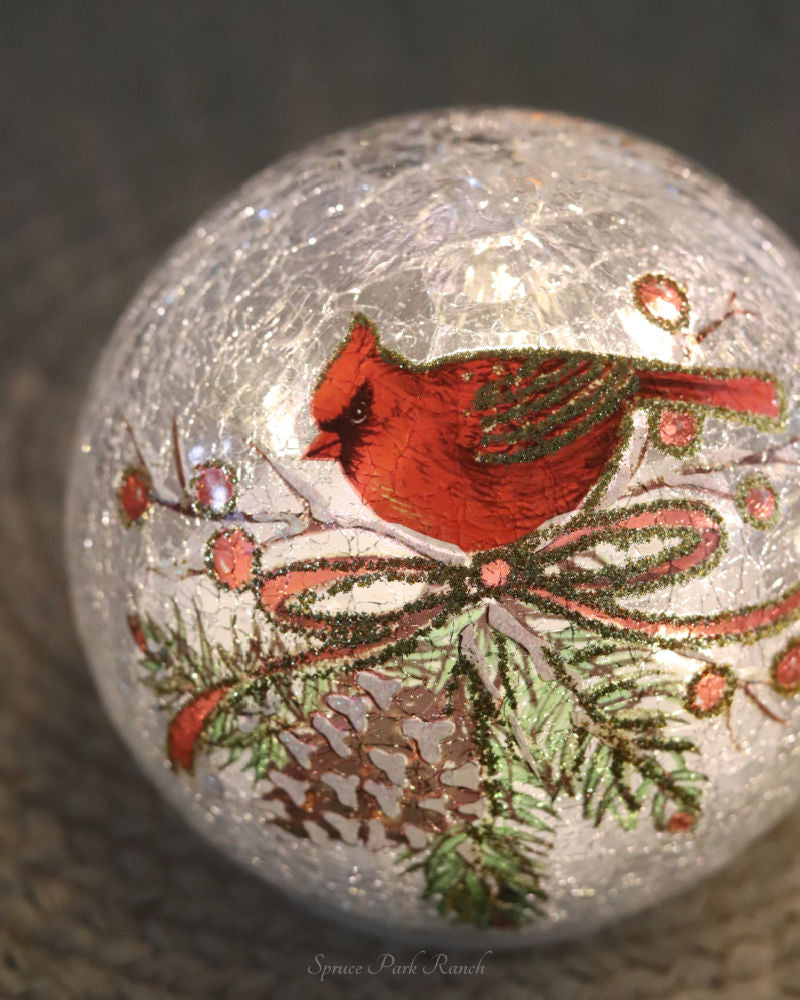 Cardinal and Pinecone Tabletop Crackle Glass LED Globe