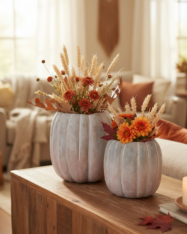 Whitewashed Orange and Green Cement Pumpkin Pot Tall