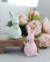 Dolomite Bunny With Flower and Raffia Bow Small