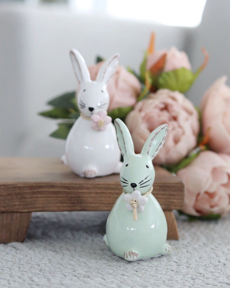 Dolomite Bunny With Flower and Raffia Bow Small