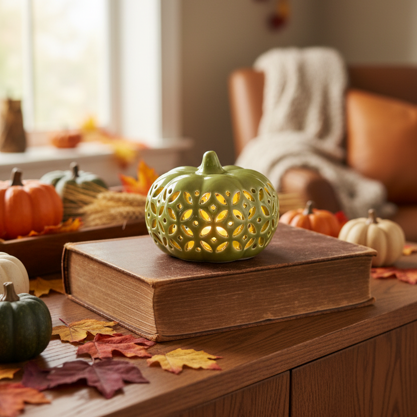 Ceramic Cutout LED Green Pumpkin