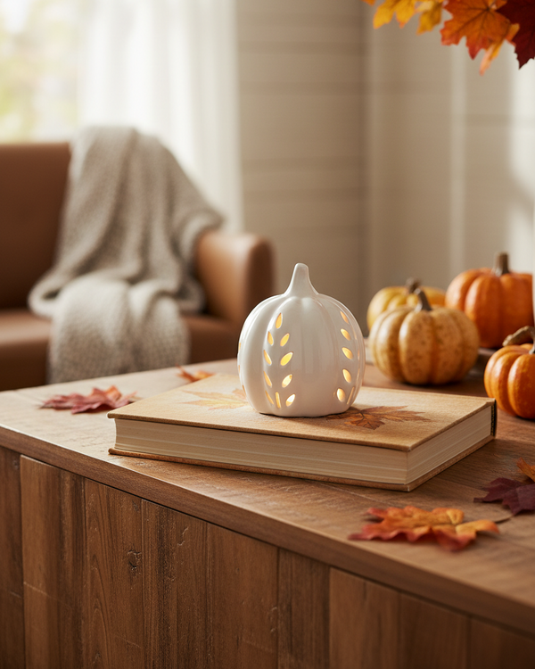 Ceramic Cutout LED White Pumpkin Wheat Design
