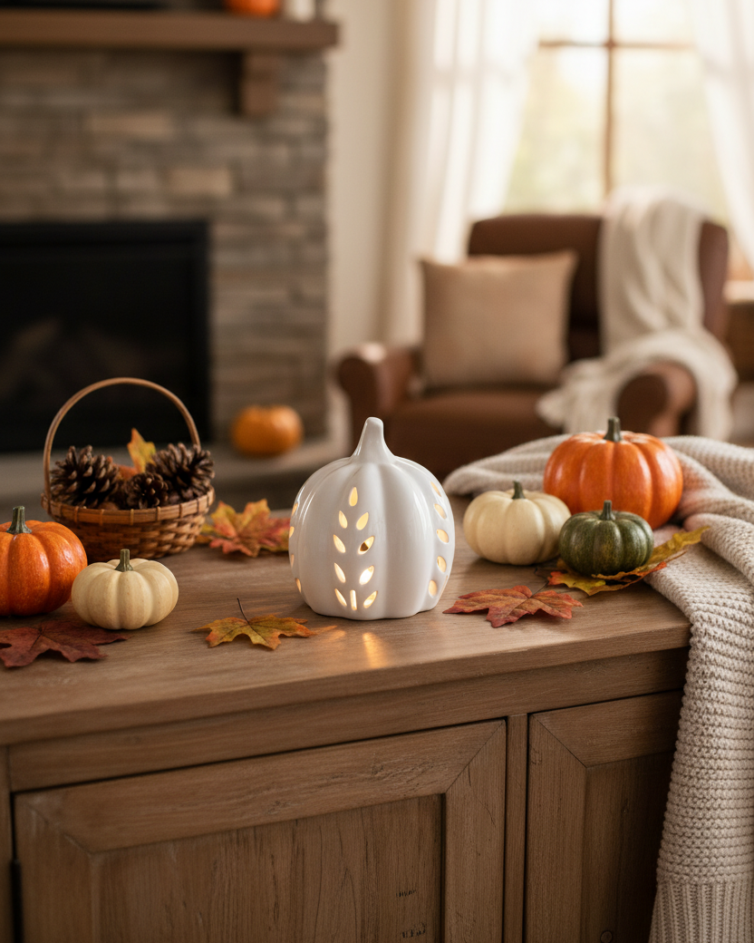 Ceramic Cutout LED White Pumpkin Wheat Design