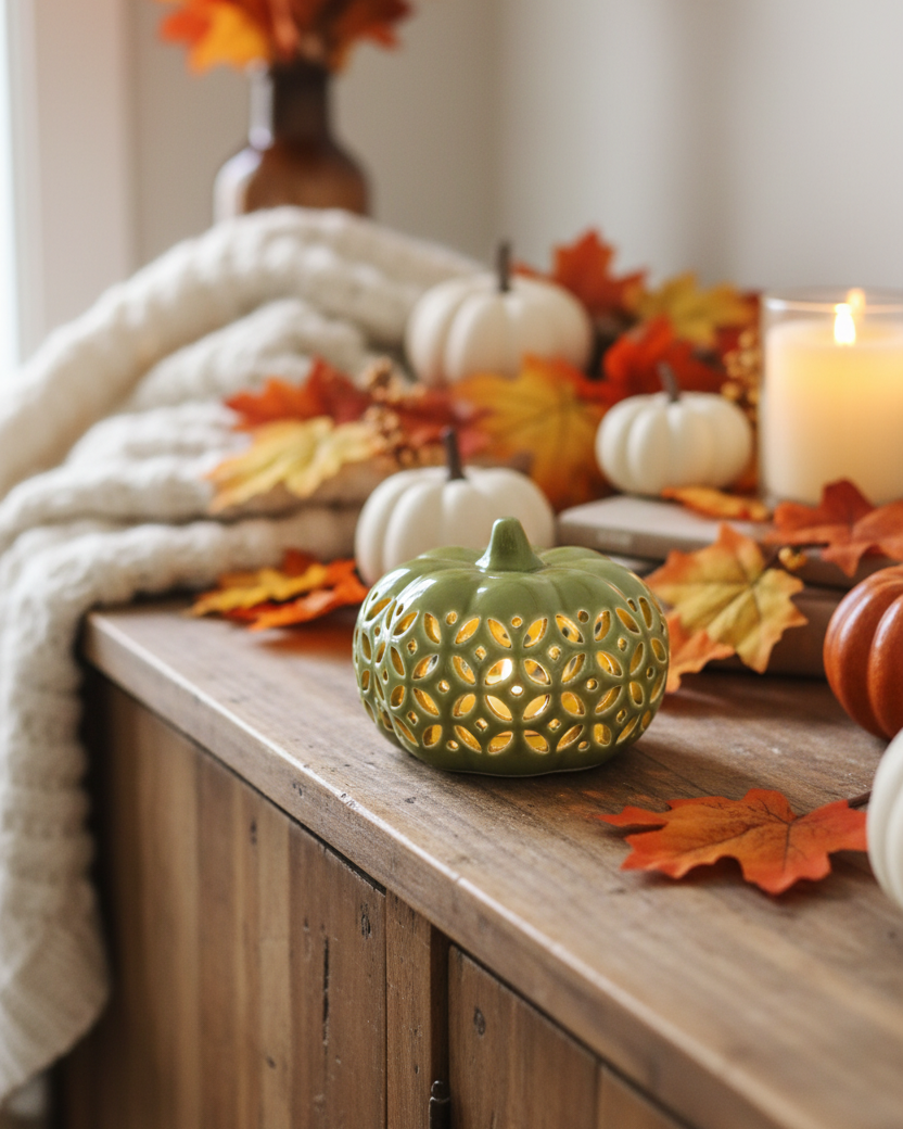 Ceramic Cutout LED Green Pumpkin