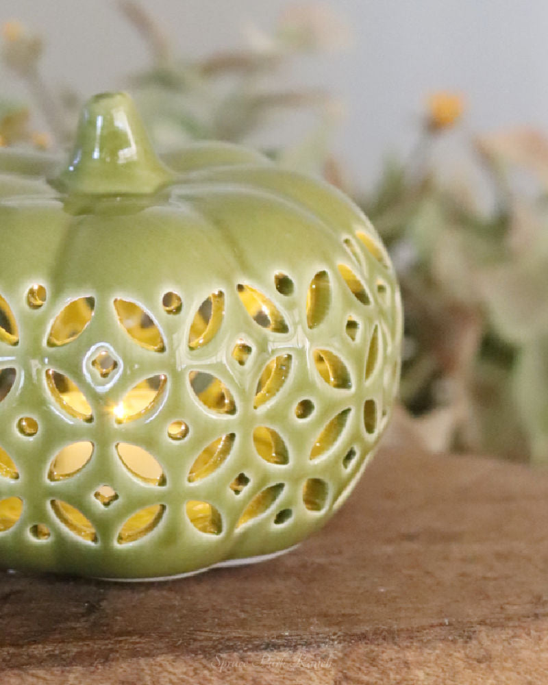 Ceramic Cutout LED Green Pumpkin