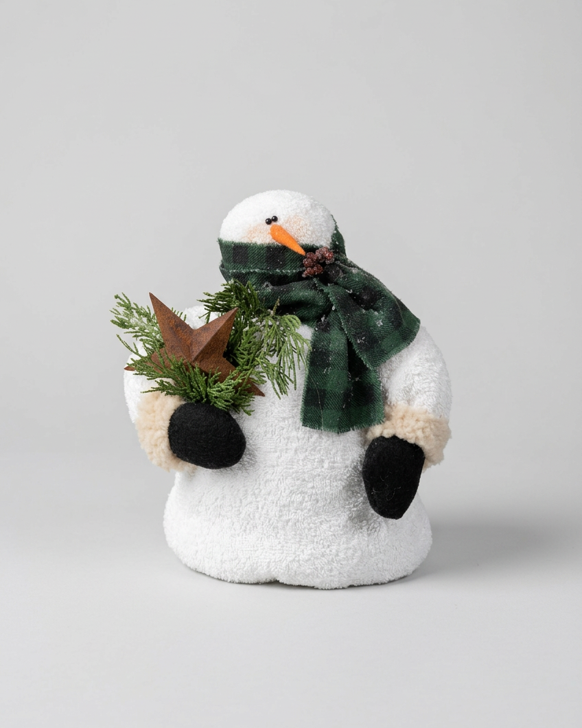 Chubby Snowman With Green Plaid Scarf 9.5"