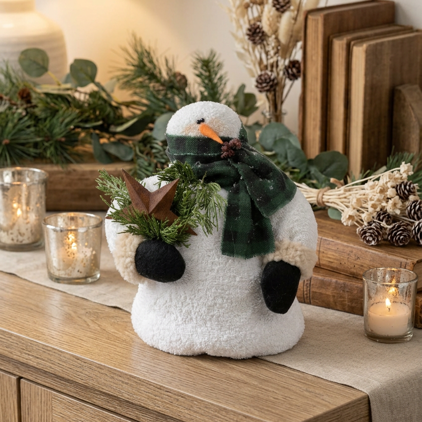 Chubby Snowman With Green Plaid Scarf 9.5"