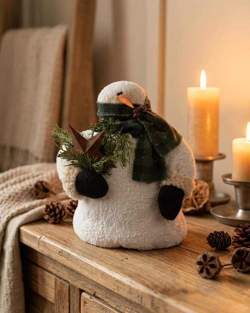 Chubby Snowman With Green Plaid Scarf 9.5"