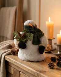 Chubby Snowman With Green Plaid Scarf 9.5"