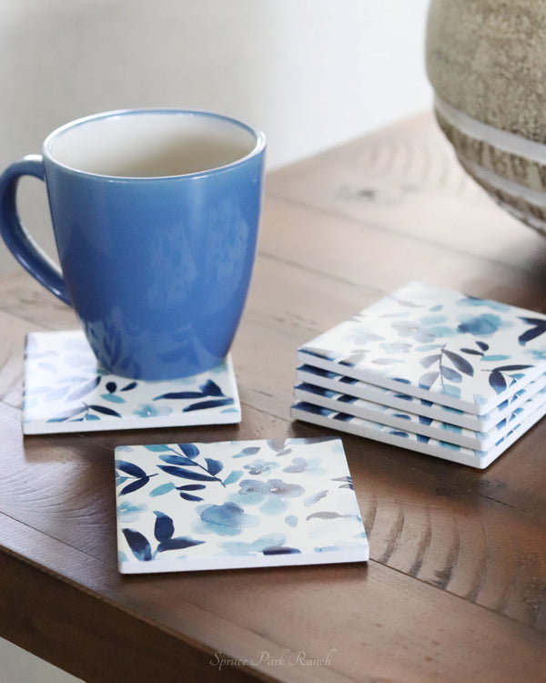 Coaster Set of 6 Watercolour Blue Floral